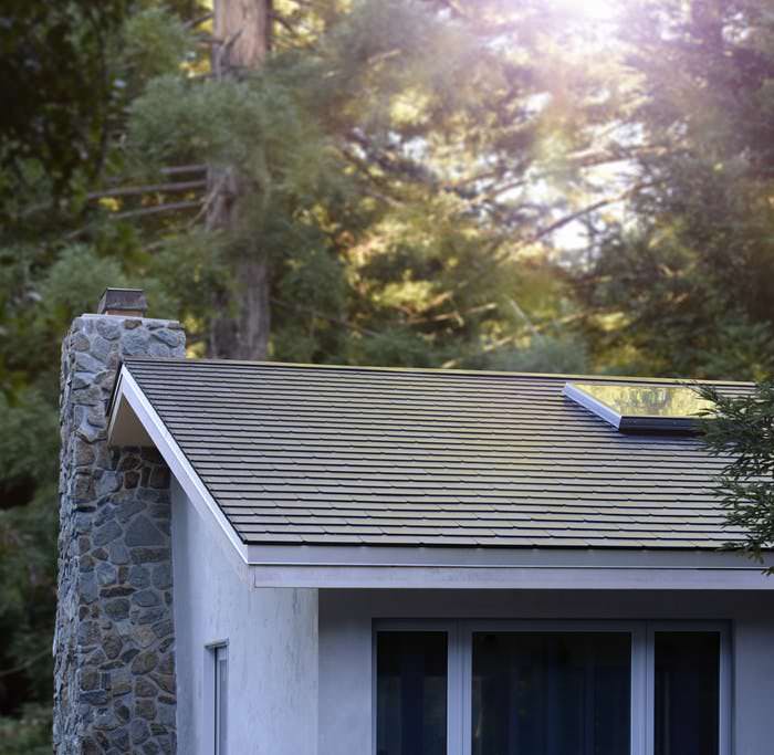 Tesla solar tiles on a roof.